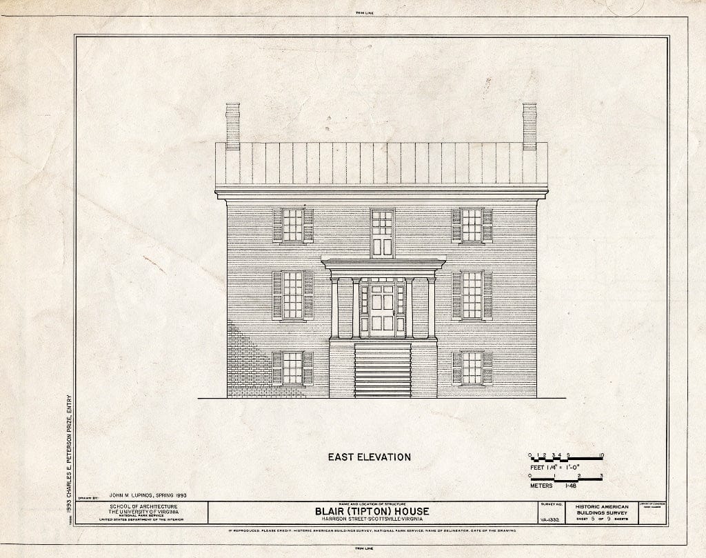 Blueprint East Elevation - Blair House, Harrison Street, Scottsville, Albemarle County, VA