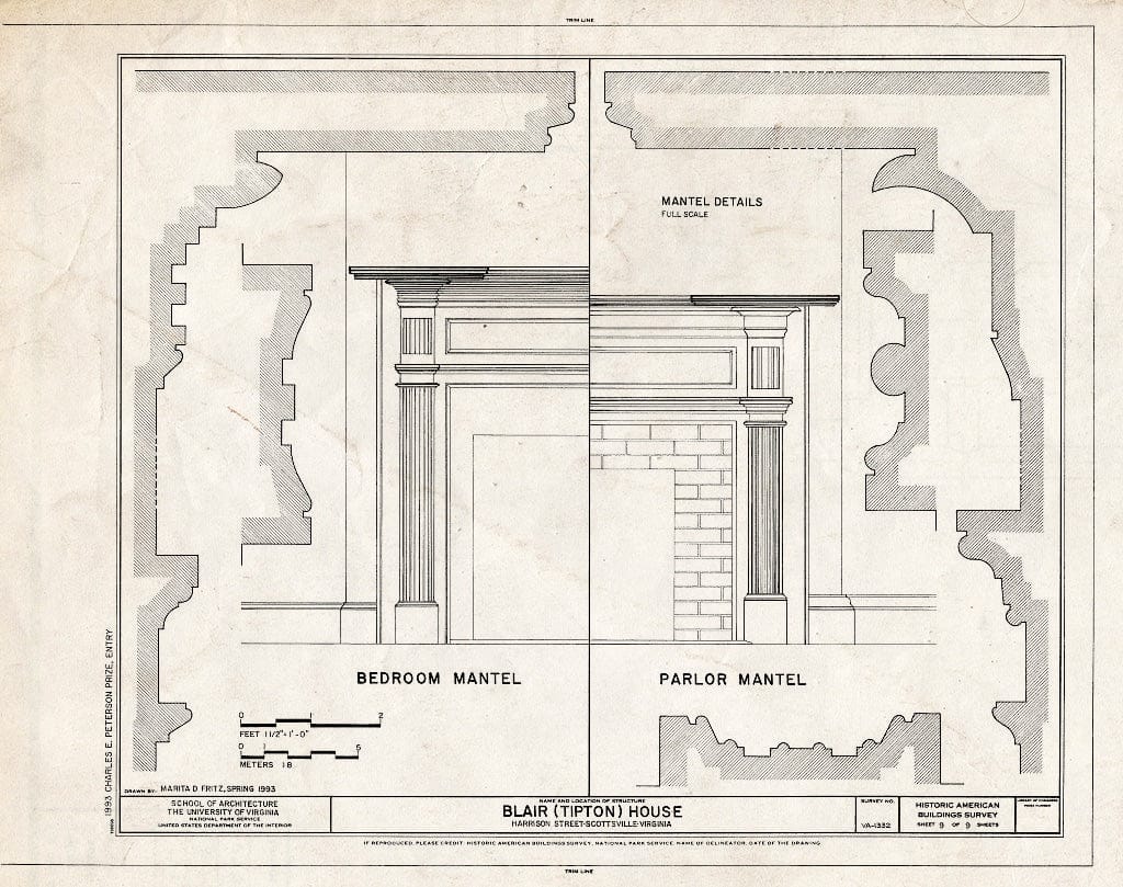 Blueprint Fireplace Details - Blair House, Harrison Street, Scottsville, Albemarle County, VA