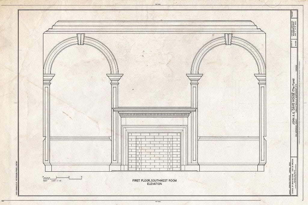 Blueprint First Floor, Southwest Room, Wall Elevation - John A. G. Davis House, 1201 Jefferson Street, Charlottesville, Charlottesville, VA