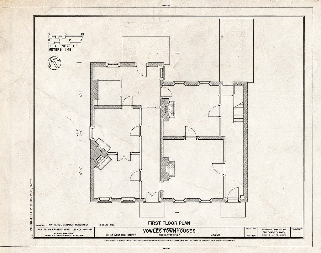 Blueprint First Floor Plan - Vowles Townhouses, 1111-1113 West Main Street, Charlottesville, Charlottesville, VA