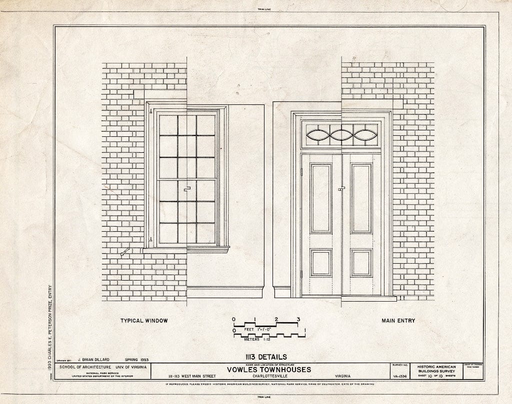 Blueprint Details Showing Typical Window, Main Entry for 1113 West Main Street - Vowles Townhouses, 1111-1113 West Main Street, Charlottesville, Charlottesville, VA