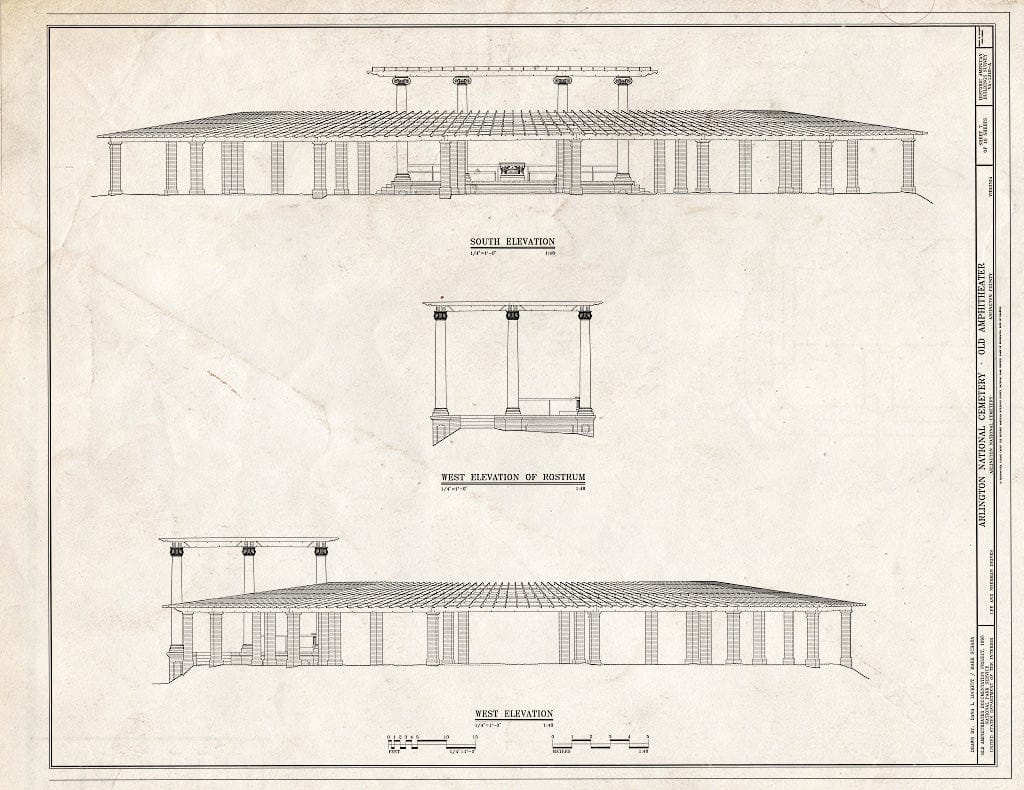 Blueprint 7. South and west elevations; west Elevation of Rostrum - Arlington National Cemetery, Old Amphitheater, Lee and Sherman Drives, Arlington, Arlington County, VA