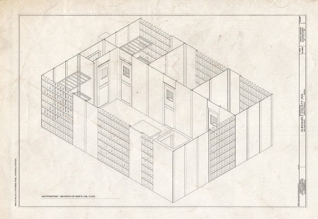 Blueprint Axonometric of Brick Jail cage - Albemarle County Jail, 409 East High Street, Charlottesville, Charlottesville, VA