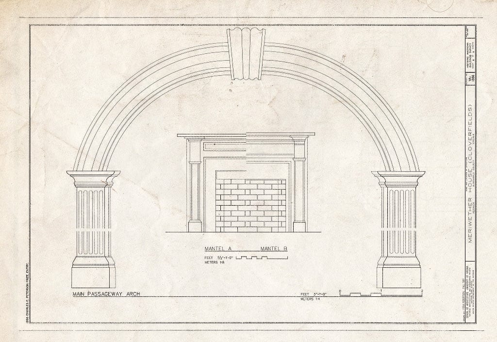 Blueprint Details of Main Passageway Arch, Fireplace Mantel - Meriwether House, Keswick, Albemarle County, VA