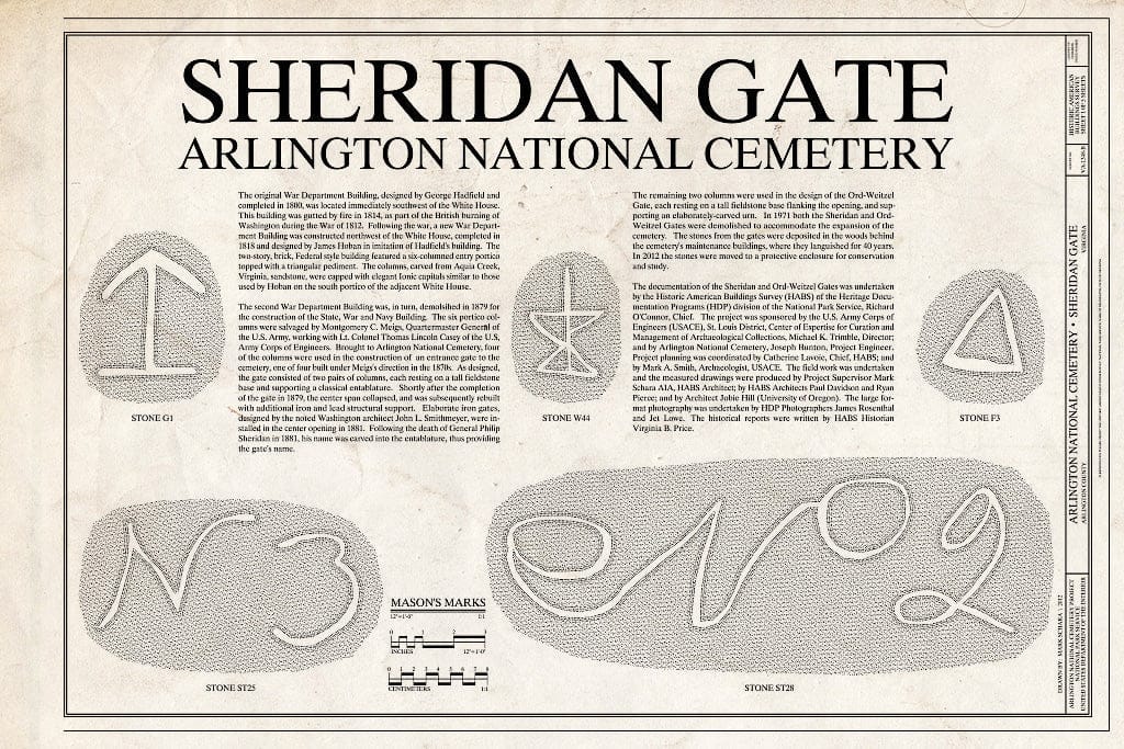 Blueprint 1. Cover Sheet & Mason's Marks - Arlington National Cemetery, Sheridan Gate, Arlington, Arlington County, VA