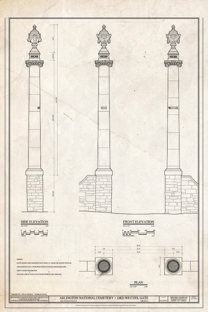 Blueprint 1. Plan, Front & Side Elevations - Arlington National Cemetery, Ord-Weitzel Gate, Arlington, Arlington County, VA