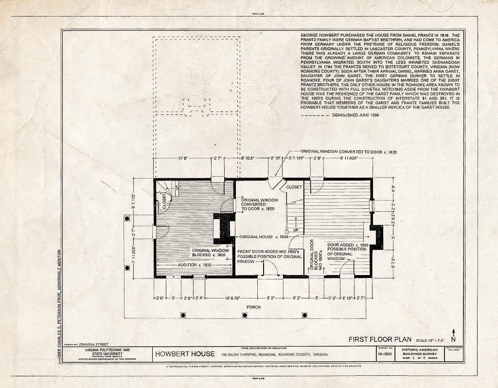 Blueprint First Floor Plan & annotations - Howbert House, 106 Salem Turnpike, Roanoke, Roanoke City, VA