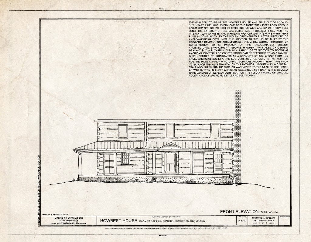 Blueprint Front Elevation - Howbert House, 106 Salem Turnpike, Roanoke, Roanoke City, VA