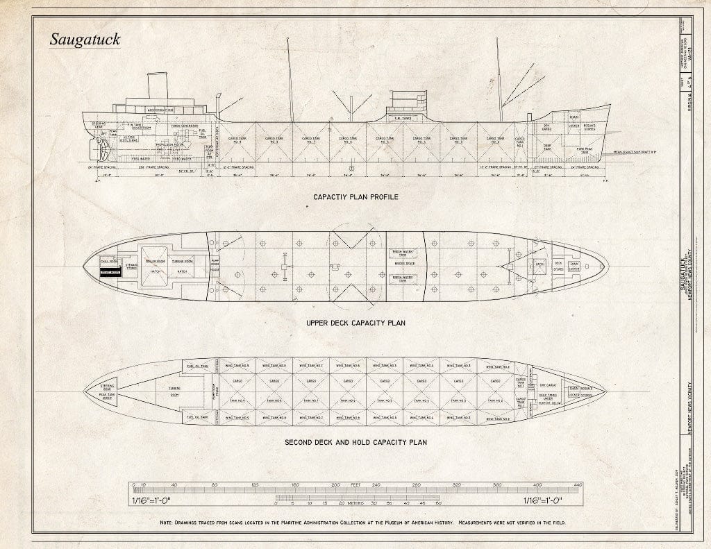 Blueprint Capacity Plan Profile, Upper Deck Capacity Plan, Second Deck and Hold Capacity Plan - Saugatuck, James River Reserve Fleet, Newport News, Newport News, VA