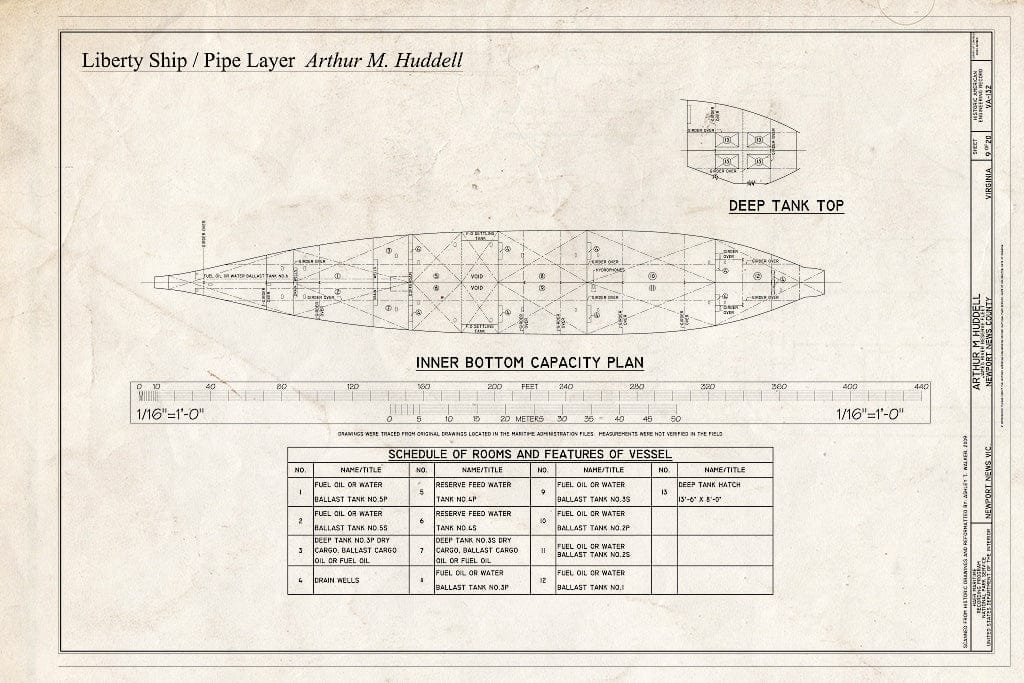 Blueprint Deep Tank Top, Inner Bottom Capacity Plan - Arthur M. Huddell, James River Reserve Fleet, Newport News, Newport News, VA