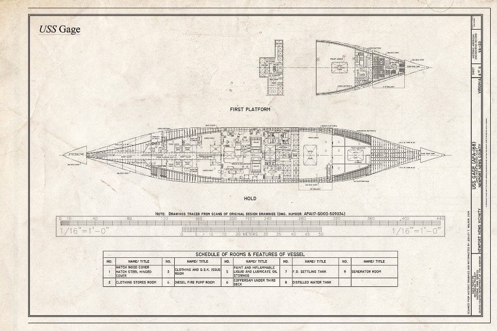 Blueprint First Platform, Hold, Schedule of Rooms & Features of Vessel - USS Gage, James River Reserve Fleet, Newport News, Newport News, VA