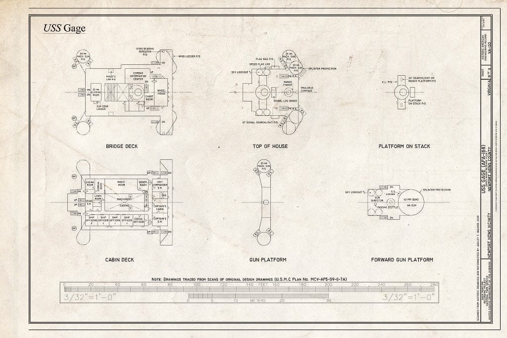 Blueprint Bridge Deck, Top of House, Platform on Stack, Cabin Deck, Gun Platform, Forward Gun Platform - USS Gage, James River Reserve Fleet, Newport News, Newport News, VA