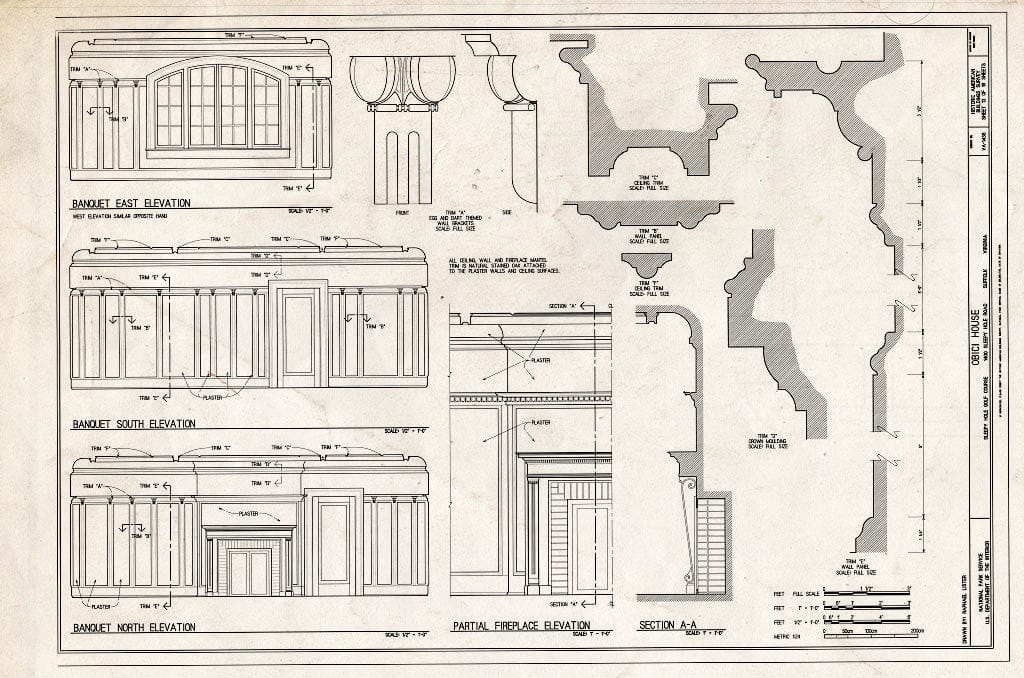 Blueprint Banquet Elevations and Partial Fireplace Elevation - Obici House, 1400 Sleepy Hole Road, Suffolk, Suffolk, VA