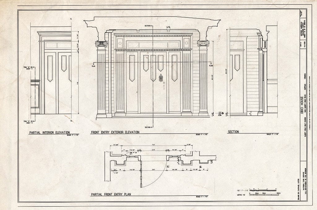 Blueprint Front Entry Plan & Exterior Elevation - Obici House, 1400 Sleepy Hole Road, Suffolk, Suffolk, VA