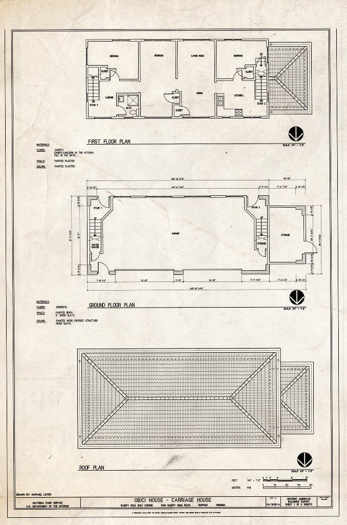 Blueprint First Floor Plan, Ground Floor Plan, and Roof Plan - Obici House, Carriage House, 1400 Sleepy Hole Road, Suffolk, Suffolk, VA