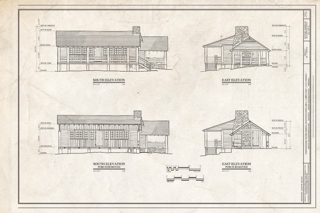 Blueprint elevations - Chopawamsic Recreational Demonstration Area - Cabin Camp 1, Unit Lodge C, Prince William Forest Park, Triangle, Prince William County, VA