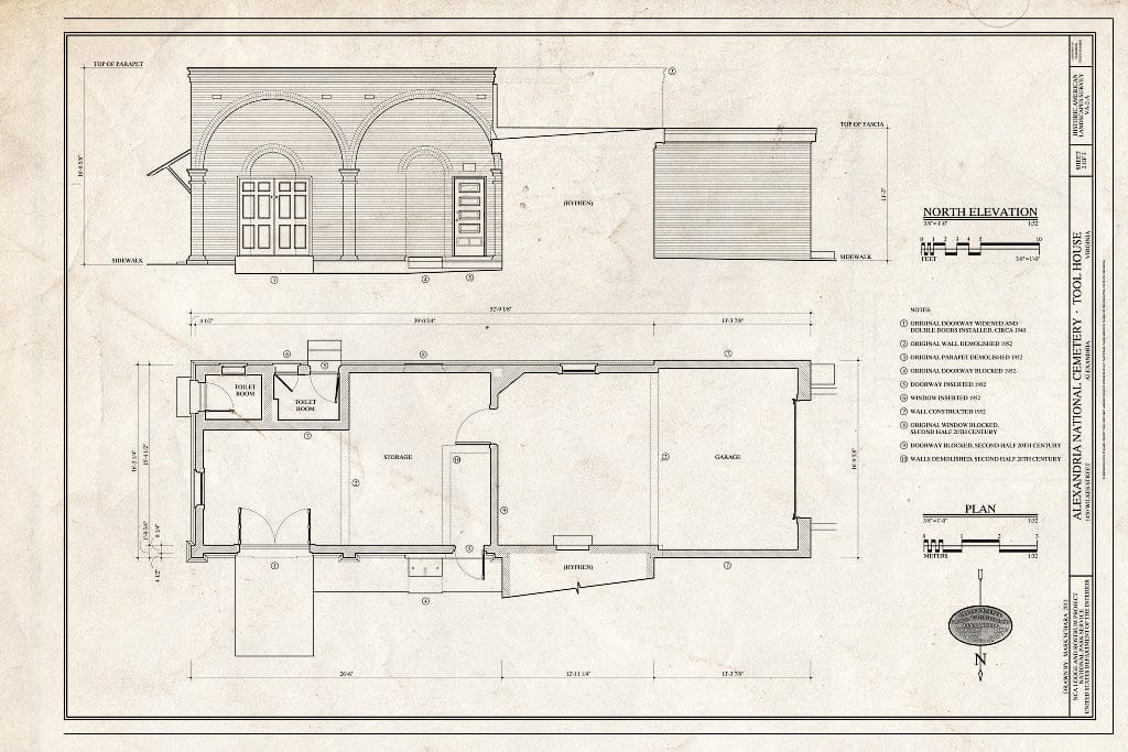 Blueprint 2. North Elevation & Plan - Alexandria National Cemetery, Tool House, 1450 Wilkes Street, Alexandria, Independent City, VA