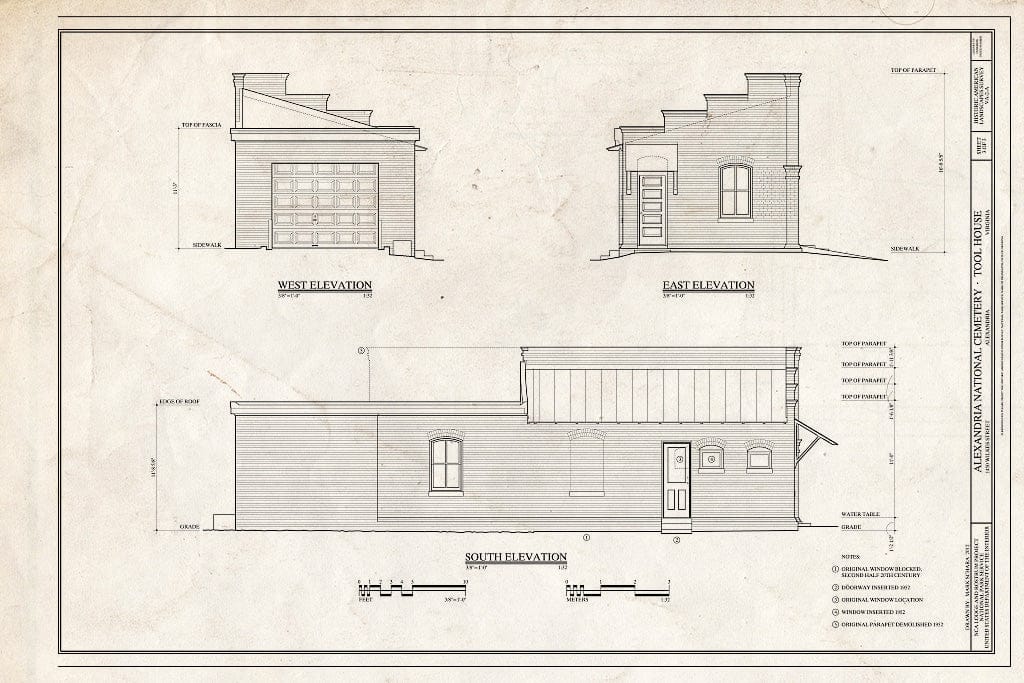 Blueprint 3. Elevations - Alexandria National Cemetery, Tool House, 1450 Wilkes Street, Alexandria, Independent City, VA