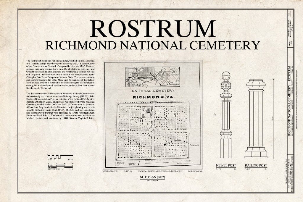 Blueprint 1. Cover Sheet, Site Plan, Newel Post, and Railing Post - Richmond National Cemetery, Rostrum, 1701 Williamsburg Road, Montrose, Henrico County, VA