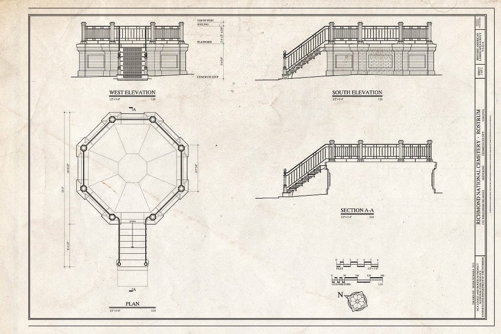 Blueprint 2. Plan, Section, West & South Elevations - Richmond National Cemetery, Rostrum, 1701 Williamsburg Road, Montrose, Henrico County, VA