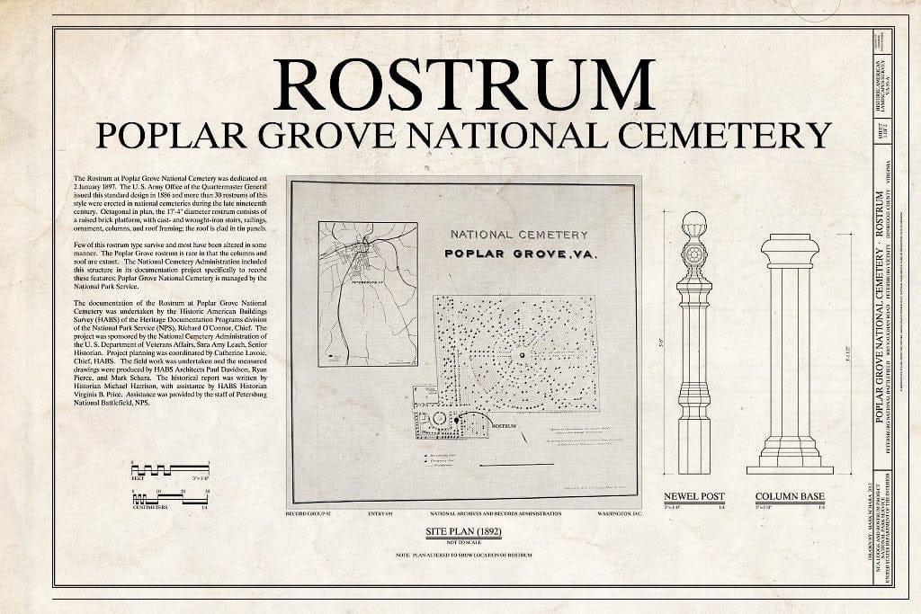 Blueprint Cover Sheet, Site Plan, Newel Post, and Column Base - Poplar Grove National Cemetery, Rostrum, 8005 Vaughan Road, Petersburg, Petersburg, VA