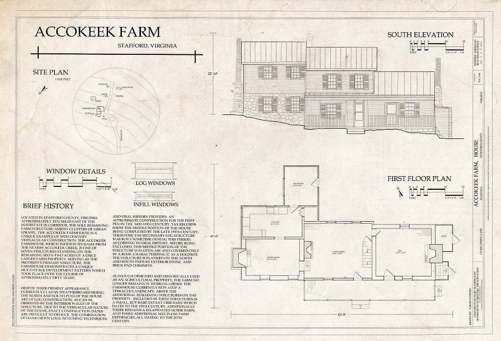 Blueprint Elevation and Plan, Brief History, Site Plan. - Accokeek Farm, House, 175 Big Spring Lane, Stafford, Stafford County, VA