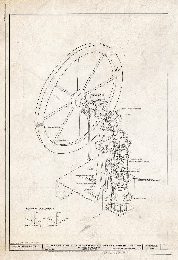 Blueprint Engine Isometric - Estate Whim, Overhead Crank Steam Engine & Cane Mill, Westend Quarter, Centerline Road, Frederiksted, St. Croix, VI