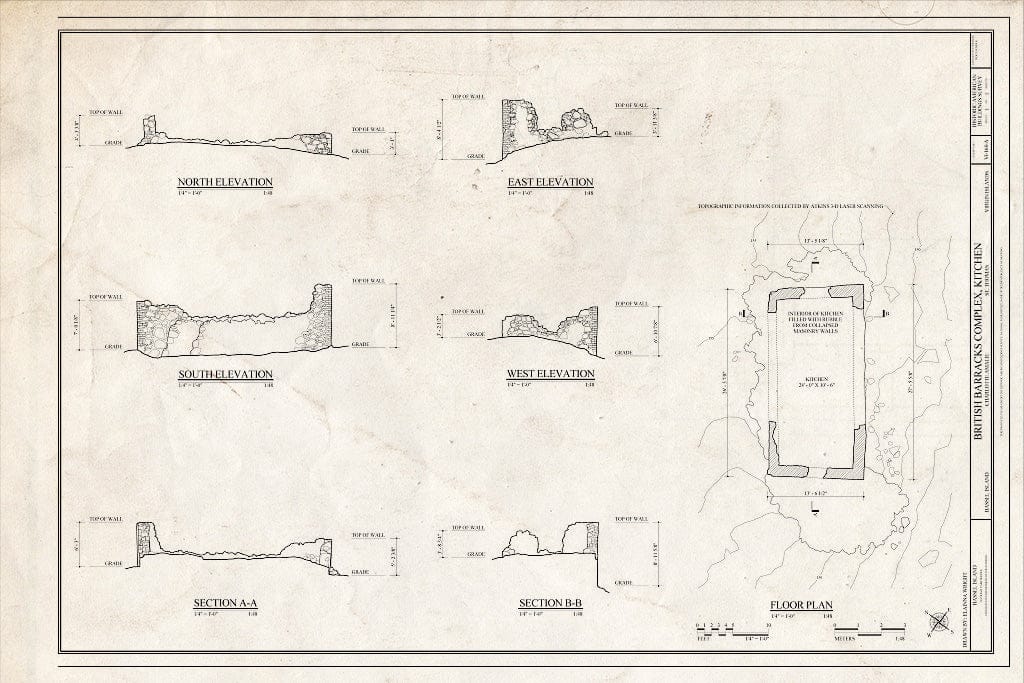 Blueprint Elevation, Section, Plan - British Barracks Complex, Kitchen, Charlotte Amalie, St. Thomas, VI