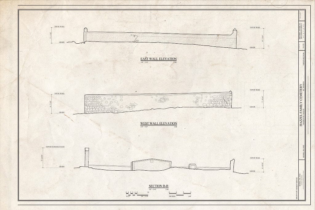 Blueprint East Well Elevation, West Wall Elevation, and Section B-B - Hazzel Family Cemetery, Charlotte Amalie, St. Thomas, VI