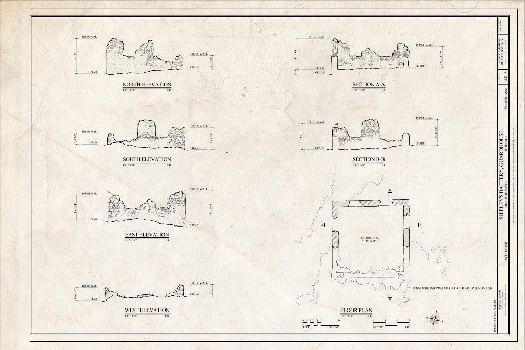 Blueprint Floor Plan, Elevations, Sections - Shipley's Battery, Guardhouse, Charlotte Amalie, St. Thomas, VI