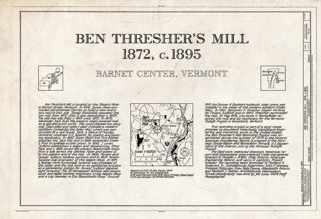 Blueprint Ben Thresher's Mill, Title Sheet - Ben Thresher's Mill, State Aid No. 1, Barnet, Caledonia County, VT