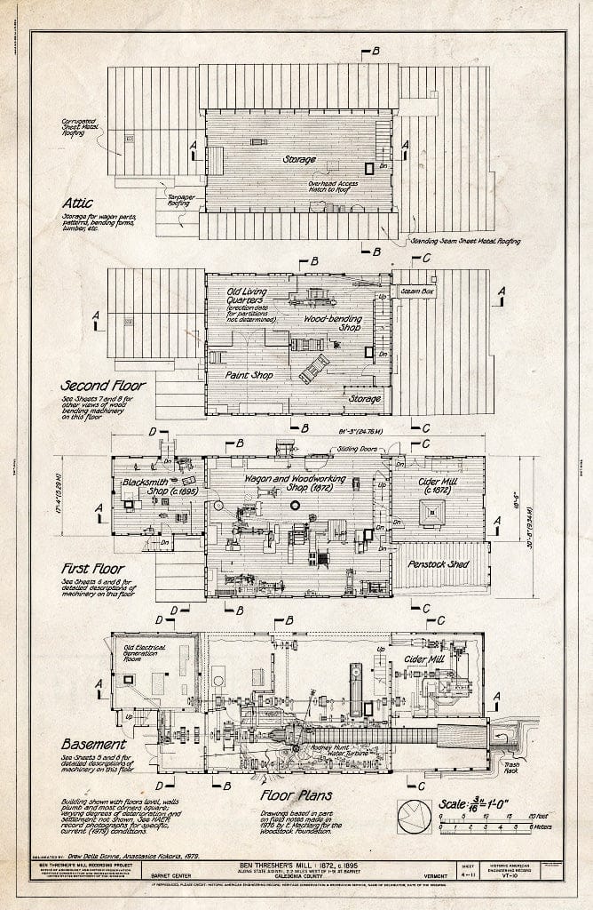 Blueprint Floor Plans: Attic, Second Floor, First Floor, Basement - Ben Thresher's Mill, State Aid No. 1, Barnet, Caledonia County, VT