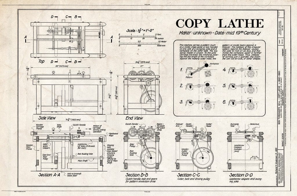 Blueprint Copy Lathe: Top, Side View, End View, Section A-A, Section B-B, Section C-C, Section D-D - Ben Thresher's Mill, State Aid No. 1, Barnet, Caledonia County, VT