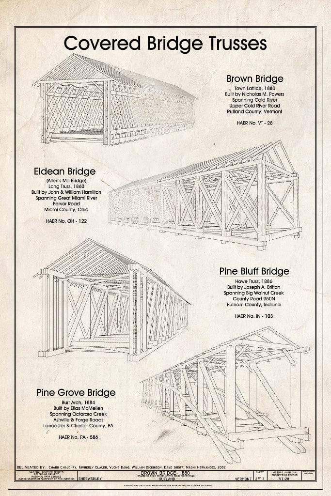 Blueprint Covered Bridge Trusses - Brown Bridge, Spanning Cold River, Upper Cold River Road, Shrewsbury, Rutland County, VT