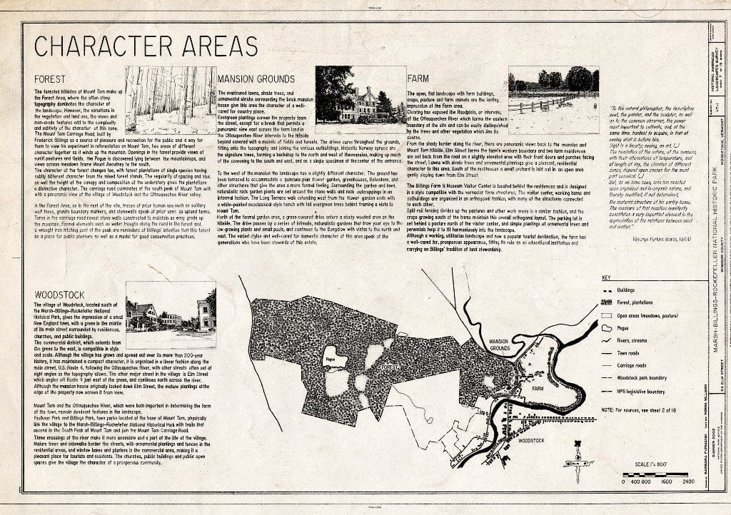 Blueprint Character Areas - Forest, Mansion Grounds, Farm, and Woodstock - Marsh-Billings-Rockefeller National Historical Park, 54 Elm Street, Woodstock, Windsor County, VT