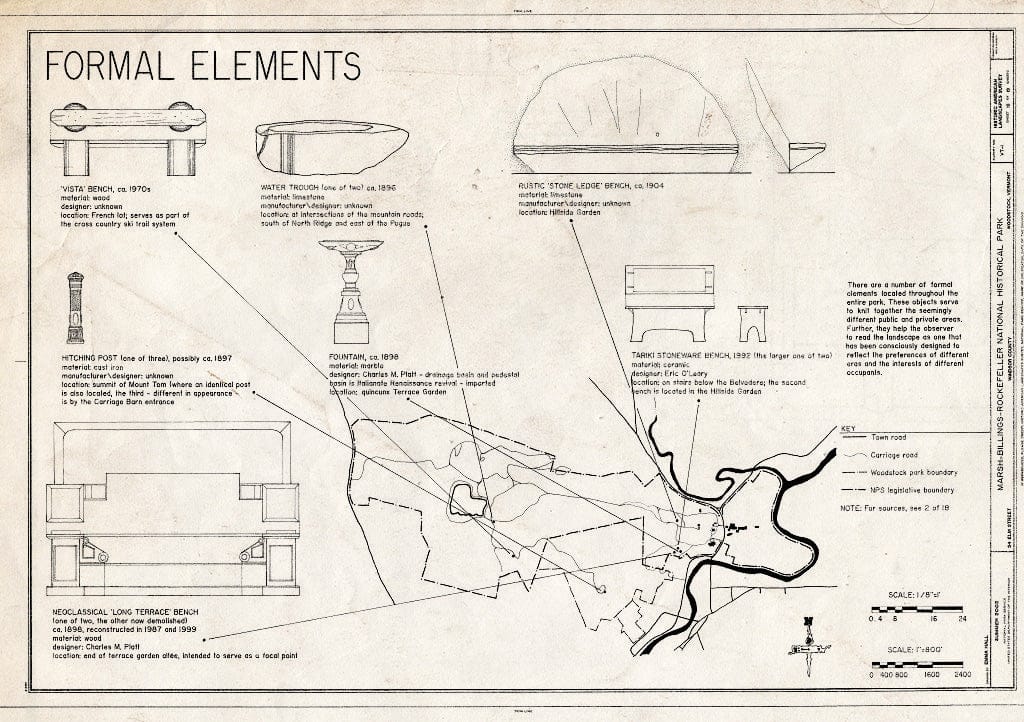 Blueprint Formal Elements: Benches, Fountains, and Hitching Post - Marsh-Billings-Rockefeller National Historical Park, 54 Elm Street, Woodstock, Windsor County, VT