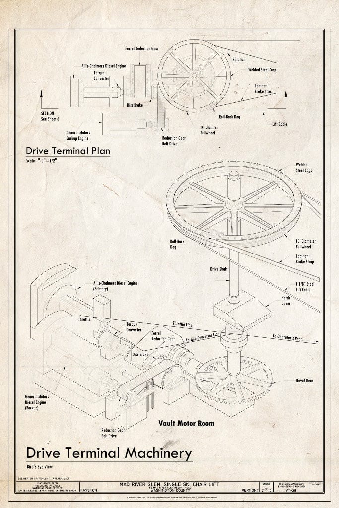 Blueprint DRIVE TERMINAL PLAN; DRIVE TERMINAL MACHINERY, BIRD'S EYE VIEW - Mad River Glen, Single Chair Ski Lift, 62 Mad River Glen Resort Road, Fayston, Washington County, VT