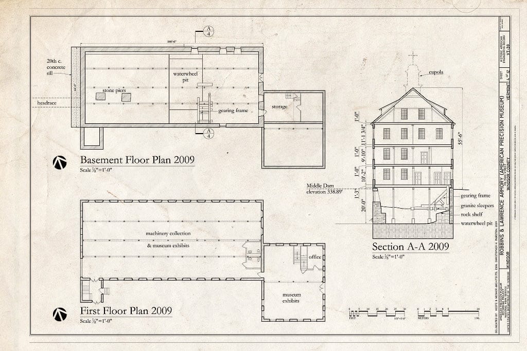 Blueprint Basement Floor Plan, First Floor Plan, Section A-A, 2009 - Robbins & Lawrence Armory, 196 Main Street, Windsor, Windsor County, VT