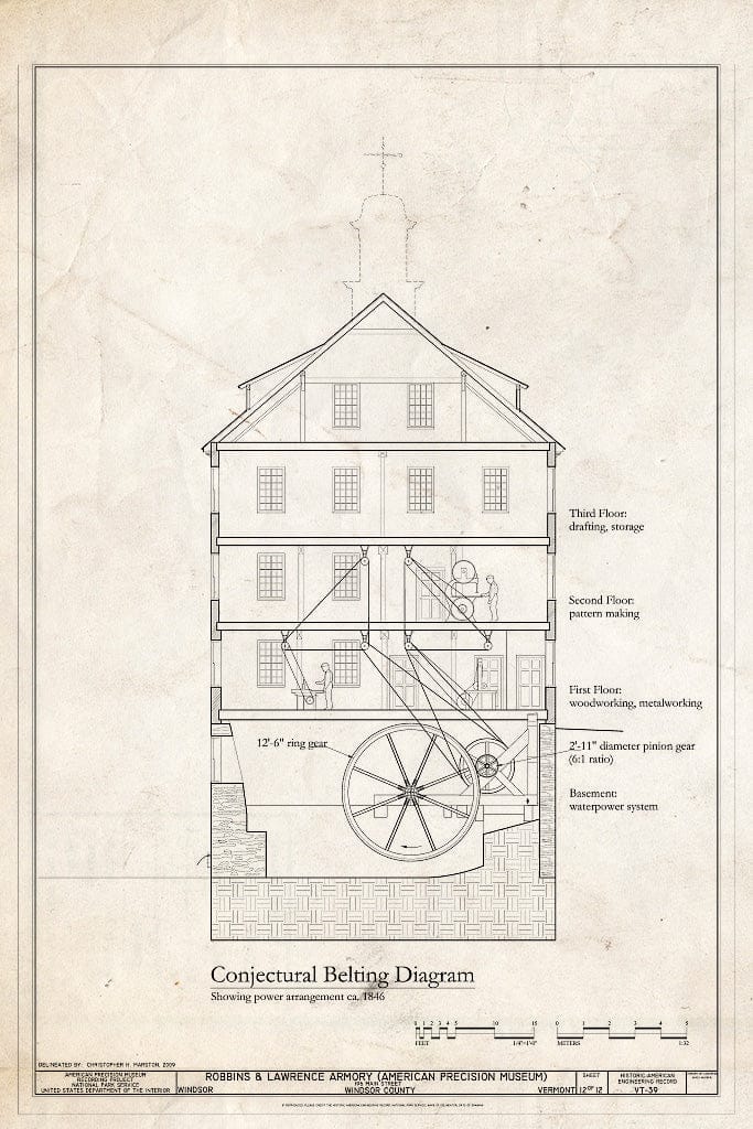 Blueprint Conjectural Belting Diagram - Robbins & Lawrence Armory, 196 Main Street, Windsor, Windsor County, VT