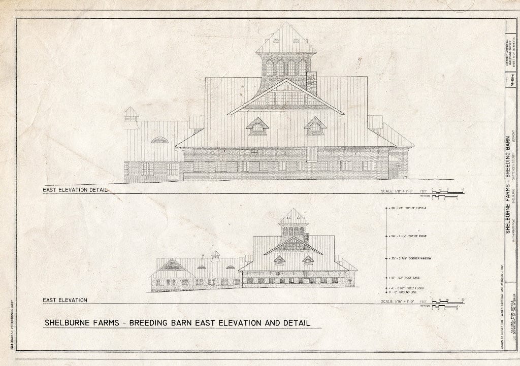 Blueprint East Elevation and Detail - Shelburne Farms, Breeding Barn, 1611 Harbor Road, Shelburne, Chittenden County, VT