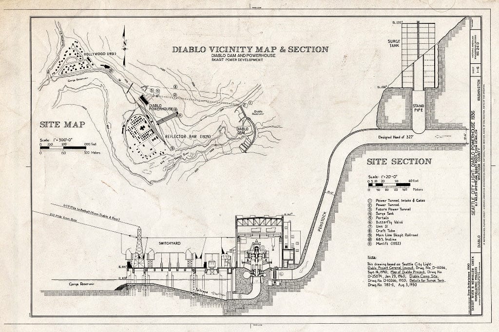 Blueprint Diablo Vicinity Map & Section - Skagit Power Development, Diablo Powerhouse, On Skagit River, 6.1 Miles Upstream from Newhalem, Newhalem, Whatcom County, WA