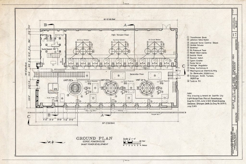 Blueprint Ground Plan - Skagit Power Development, Gorge Powerhouse, On Skagit River, 0.4 Mile Upstream from Newhalem, Newhalem, Whatcom County, WA