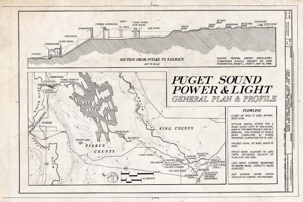 Blueprint General Plan & Profile - Puget Sound Power & Light Company, White River Hydroelectric Project, 600 North River Avenue, Dieringer, Pierce County, WA