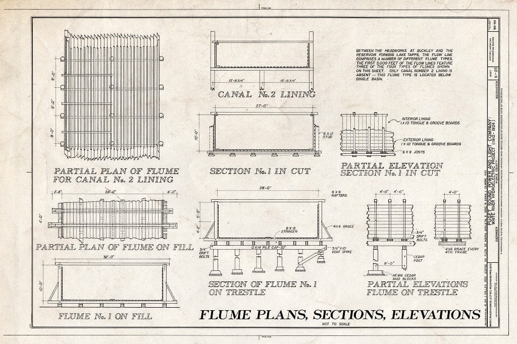 Blueprint Flume Plans, Sections, Elevations - Puget Sound Power & Light Company, White River Hydroelectric Project, 600 North River Avenue, Dieringer, Pierce County, WA