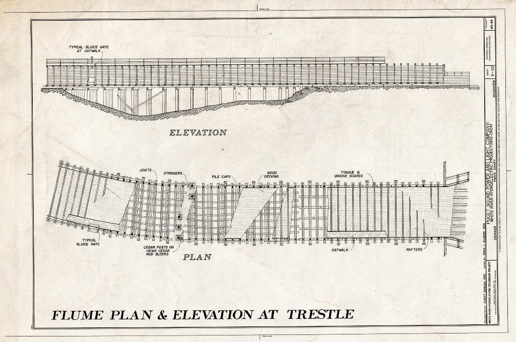 Blueprint Flume Plan & Elevation at Trestle - Puget Sound Power & Light Company, White River Hydroelectric Project, 600 North River Avenue, Dieringer, Pierce County, WA