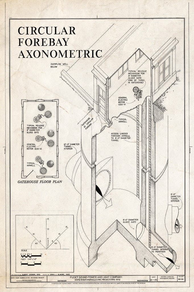 Blueprint Circular Forebay Axonometric - Puget Sound Power & Light Company, White River Hydroelectric Project, 600 North River Avenue, Dieringer, Pierce County, WA