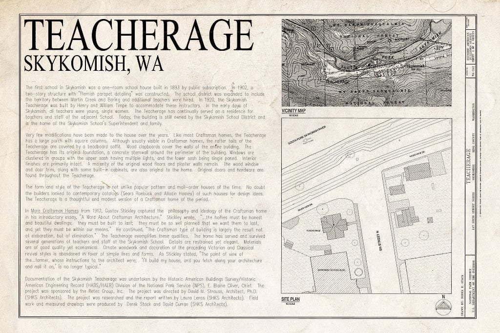 Blueprint Cover Sheet with Vicinity map, site Plan, and Historical Notes - Teacherage, 117Sixth Street North, Skykomish, King County, WA