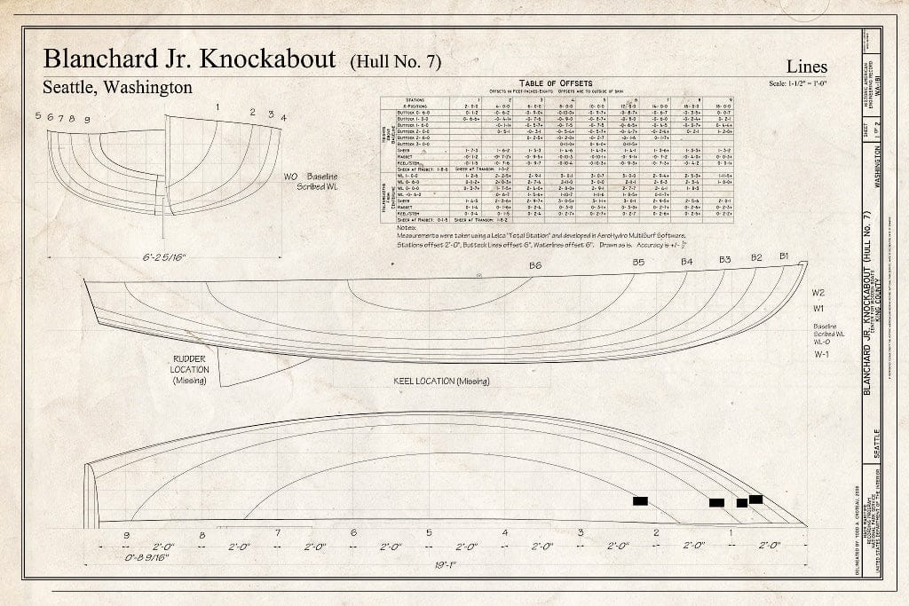 Blueprint Blanchard Jr. Knockabout, Hull No. 7, Lines - Blanchard Junior Knockabout, Hull No. 7, The Center for Wooden Boats, Seattle, King County, WA