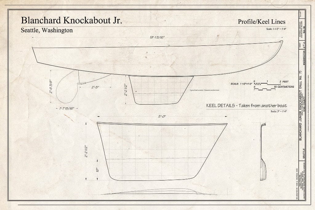 Blueprint Blanchard Knockabout Jr, Profile/Keel Lines - Blanchard Junior Knockabout, Hull No. 7, The Center for Wooden Boats, Seattle, King County, WA