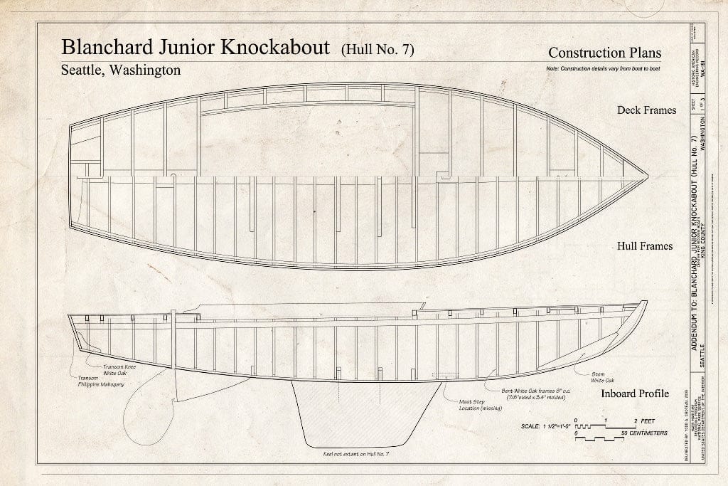 Blueprint Blanchard Junior Knockabout (Hull No. 7), Construction Plans - Blanchard Junior Knockabout, Hull No. 7, The Center for Wooden Boats, Seattle, King County, WA